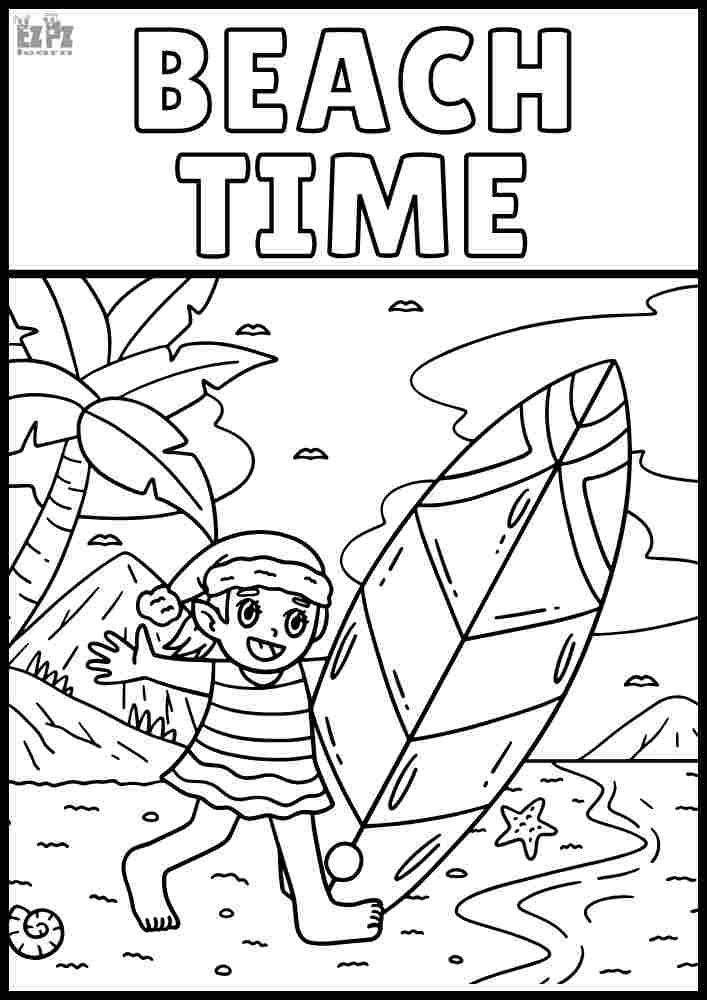 Beach Time Interactive Coloring. Boy Surfing Coloring Page. Color Online, Download and Print.